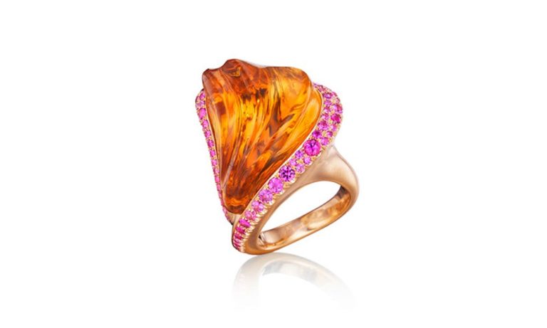 Citrine Ring hand-carved citrine, pink sapphires, 18K yellow gold