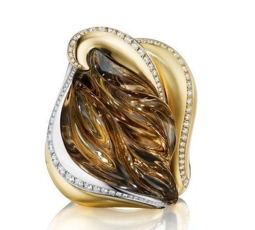 Pasha Ring 63.5 ct hand-carved smokey quartz, 1.17 ct VS-F-G white diamonds, platinum, 18K yellow gold, and18K white gold