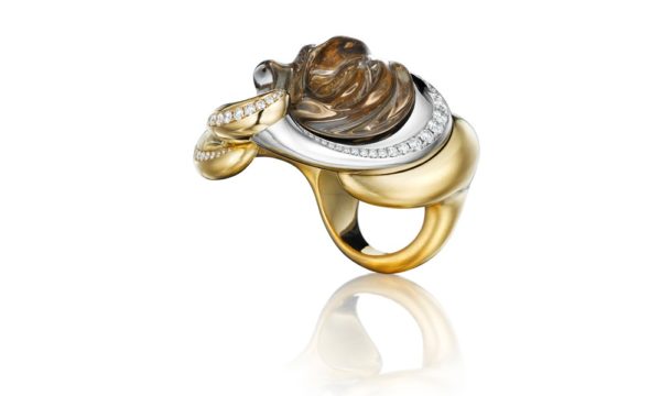 Pasha Ring 63.5 ct hand-carved smokey quartz, 1.17 ct VS-F-G white diamonds, platinum, 18K yellow gold, and 18K white gold. L:40 mm W:47 mm H: 34 mm