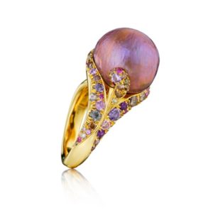 Purple Desire Pearl Ring. 15 mm roundish purple chinese freshwater pearl, 51 asorted multicolored diamonds, sapphires, amethysts, 18K yellow gold