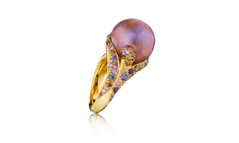 Purple Desire Pearl Ring. 15 mm roundish purple chinese freshwater pearl, 51 asorted multicolored diamonds, sapphires, amethysts, 18K yellow gold