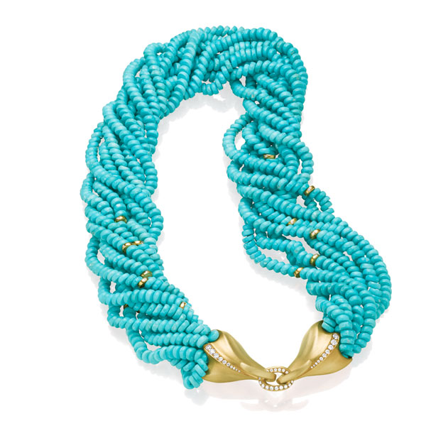 Multi-strand Turquoise Necklace with Diamonds set in 18K Gold beads