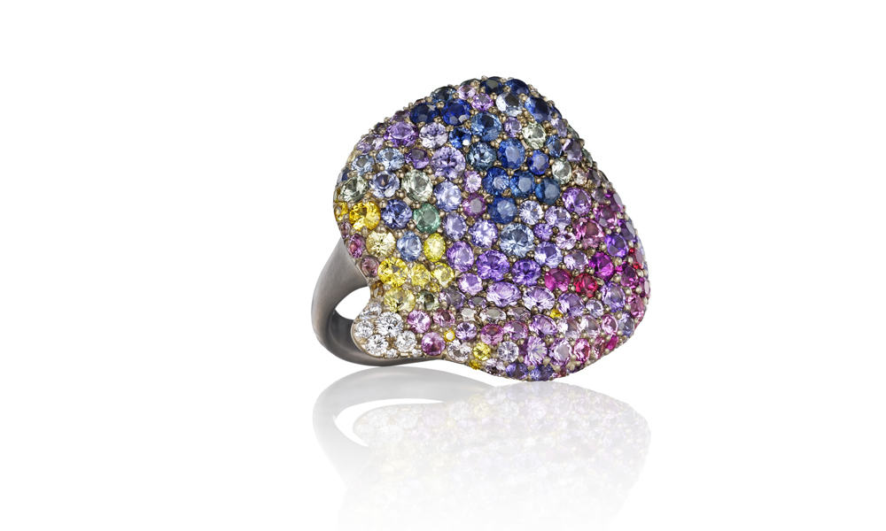 Petal Ring 175 assorted multicolored diamonds, sapphires, amethysts, and 18K yellow gold.