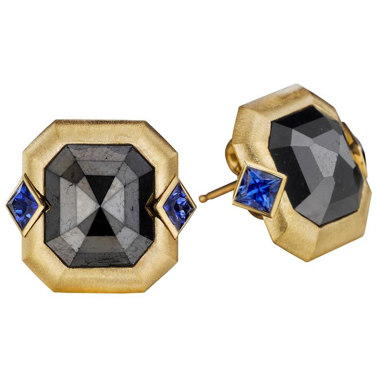 Blue Sapphire Black Diamond Gold Earrings Front
