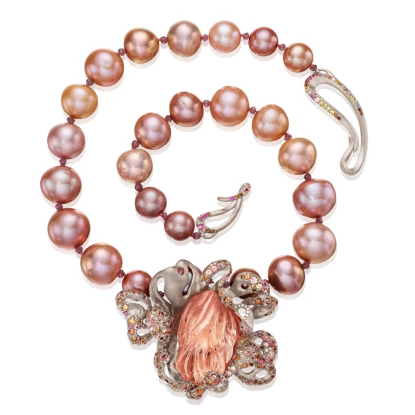 Camellia Necklace - 90 carat Pink Topaz - Sapphires - Diamonds - Garnet - Zircon - Pearls -18k Gold- Naomi Sarna