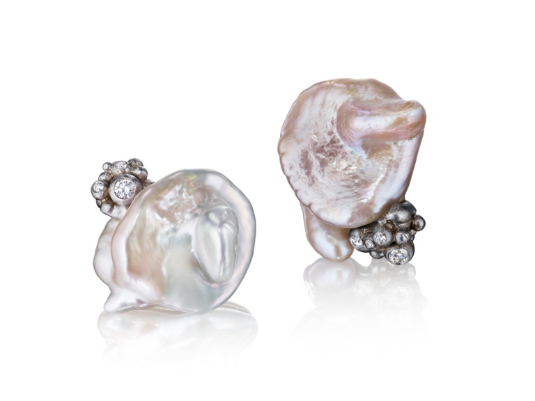 White Pearl Bubble Earrings-18k White Gold & Diamonds-Naomi Sarna